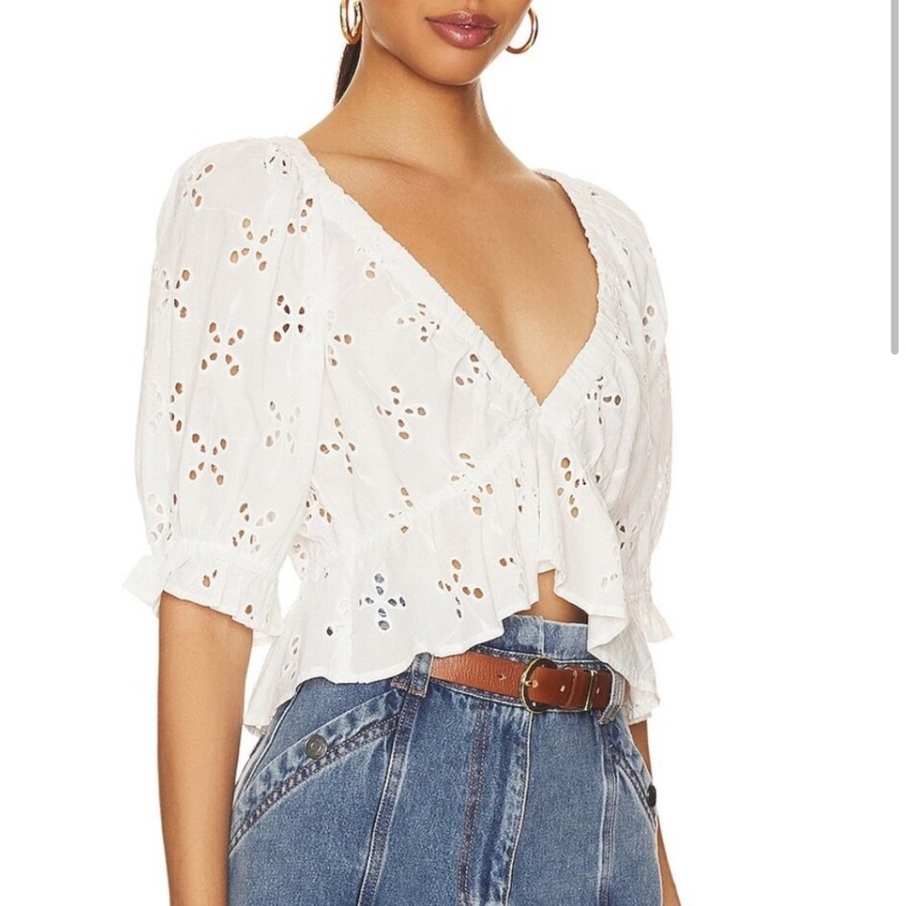 Free People White Ruffled Crop Blouse - Picture 2 of 7
